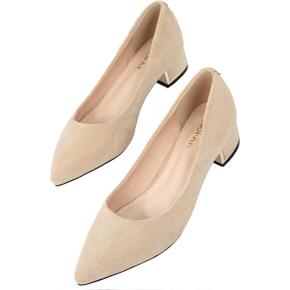 Women's Nude Suede Low Heels Stacked Block Heeled Causal Flats Pumps Shoes - Picture 2 of 7